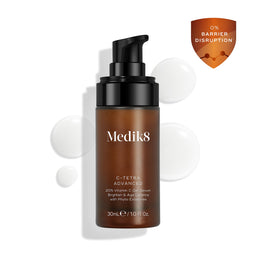 : Medik8 C-Tetra Advanced bottle displayed on a clean white background with translucent serum droplets, highlighting its lightweight gel-serum texture.