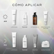 Una guía de aplicación para la rutina de día y de noche muestra productos Medik8 sobre un fondo gris claro con sutiles formas hexagonales. El frasco de EXO-PDRN Prismatic+ se destaca como el paso “CIBLE” (Objetivo) en ambas rutinas, utilizado después de la limpieza. Por la mañana, se continúa con Vitamina C y protector solar. Por la noche, se continúa con otro sérum objetivo (Liquid Peptides) y una crema hidratante.