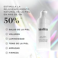 Sérum Medik8 Exo-PDRN Prismatic+ presentado con el texto “Impulsa la rejuvenecimiento natural de la piel en más de un 50%*”, junto con beneficios que incluyen salud de la piel, volumen, luminosidad, tono de la piel, arrugas y firmeza.
