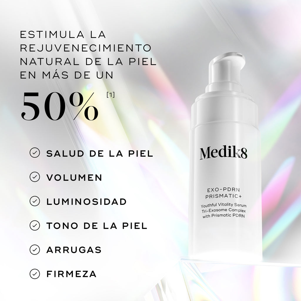 Sérum Medik8 Exo-PDRN Prismatic+ presentado con el texto “Impulsa la rejuvenecimiento natural de la piel en más de un 50%*”, junto con beneficios que incluyen salud de la piel, volumen, luminosidad, tono de la piel, arrugas y firmeza.
