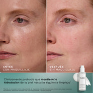 Imágenes del rostro de una mujer, una al lado de la otra, que muestran el «antes» y el «después», en las que se aprecia una mejora en la hidratación y la luminosidad de la piel, junto con el producto y el texto que respalda la afirmación.