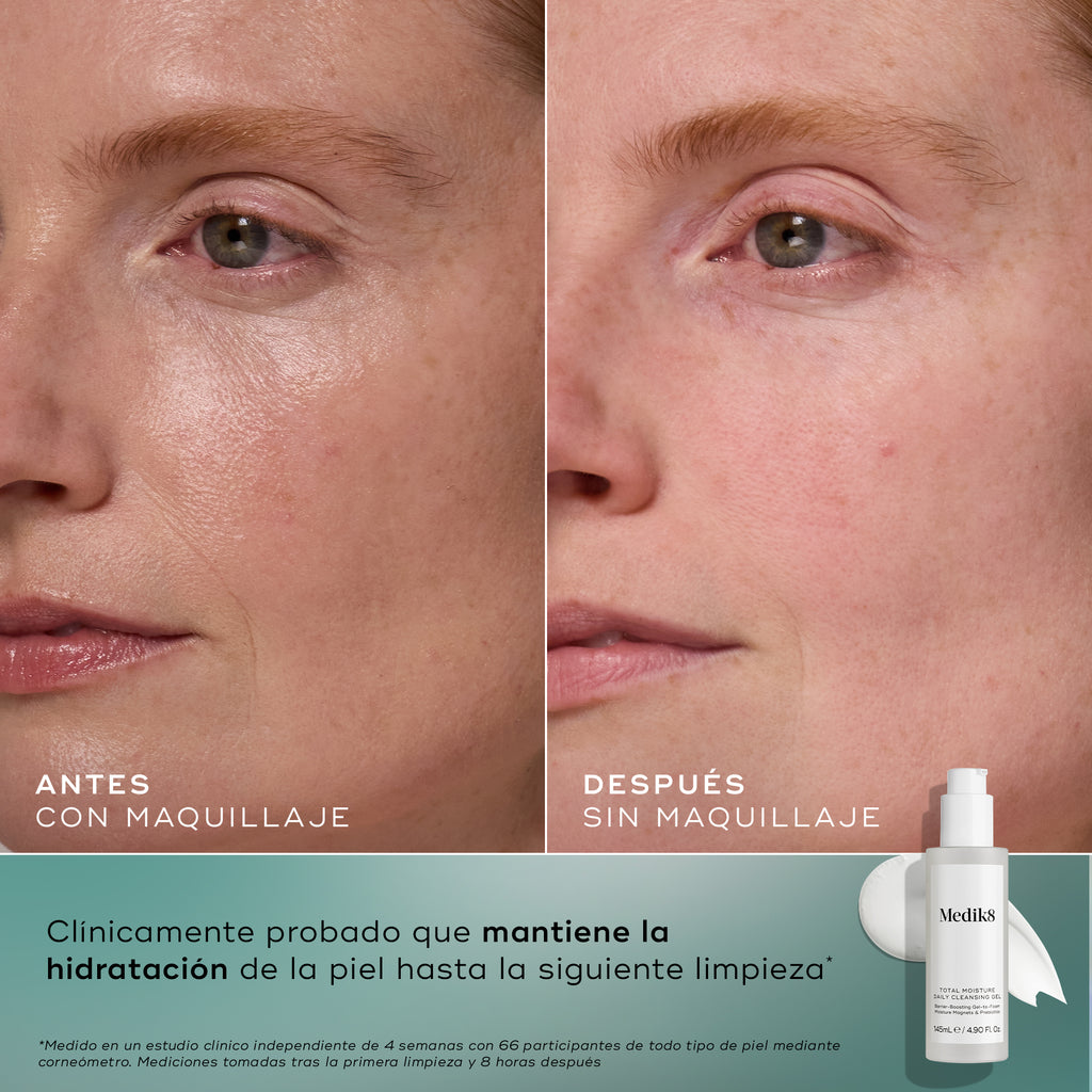  Imágenes del rostro de una mujer, una al lado de la otra, que muestran el «antes» y el «después», en las que se aprecia una mejora en la hidratación y la luminosidad de la piel, junto con el producto y el texto que respalda la afirmación.