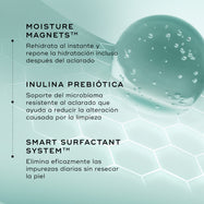  Imagen de los ingredientes: «IMANES DE HIDRATACIÓN», «INULINA PREBIÓTICA» y «SISTEMA DE TENSIOACTIVOS INTELIGENTES». El fondo es de un suave color verde menta con un patrón hexagonal y una gran gota translúcida de color verde azulado a la derecha.