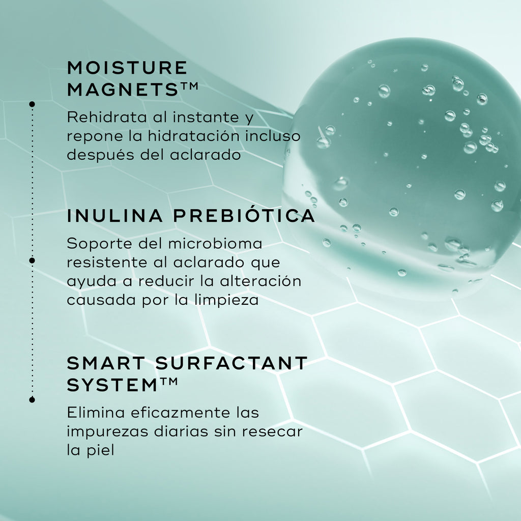  Imagen de los ingredientes: «IMANES DE HIDRATACIÓN», «INULINA PREBIÓTICA» y «SISTEMA DE TENSIOACTIVOS INTELIGENTES». El fondo es de un suave color verde menta con un patrón hexagonal y una gran gota translúcida de color verde azulado a la derecha.