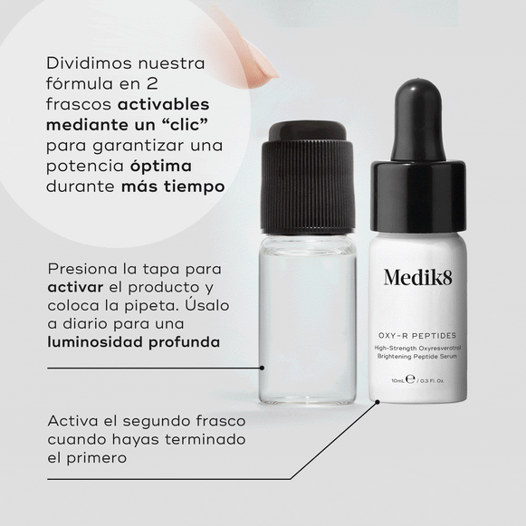 GIF: Visual de Oxy-R Peptides que muestra dos pequeños frascos del sérum. Un dedo presiona la tapa negra de un frasco transparente, dentro del cual un líquido naranja-marrón se mezcla visiblemente, indicando la activación. El segundo frasco es blanco con un cuentagotas negro y lleva la etiqueta «OXY-R PEPTIDES High-Strength Oxyresveratrol Brightening Peptide Serum». El texto indica: «Dividimos nuestra fórmula en dos frascos activados mediante clic para garantizar una potencia óptima durante más tiempo».
-hover-37