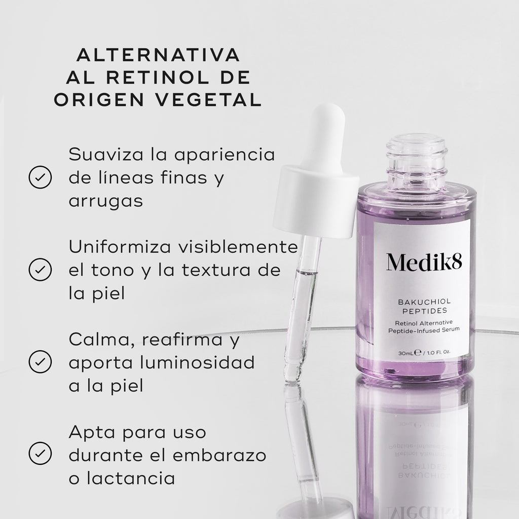 Se muestra un frasco cuentagotas de vidrio morado del sérum Bakuchiol Peptides con su cuentagotas. A la izquierda, el texto destaca el producto como una “ALTERNATIVA VEGETAL AL RETINOL” con beneficios que incluyen:

Suavizar líneas finas y arrugas
Unificar visiblemente el tono y la textura de la piel
Calmar, rellenar e iluminar la apariencia de la piel
Ser apto para su uso durante el embarazo y la lactancia