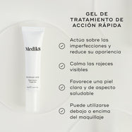 Se presenta un tubo blanco de Blemish SOS Rapid Action Target Gel. El texto lo destaca como un “GEL DE TRATAMIENTO DE ACCIÓN RÁPIDA”. Cuatro viñetas con marcas de verificación enumeran sus beneficios:

Actúa sobre las imperfecciones y reduce su apariencia
Calma el enrojecimiento visible
Favorece una piel clara y de aspecto saludable
Puede utilizarse debajo o encima del maquillaje