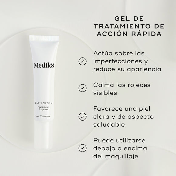 Se presenta un tubo blanco de Blemish SOS Rapid Action Target Gel. El texto lo destaca como un “GEL DE TRATAMIENTO DE ACCIÓN RÁPIDA”. Cuatro viñetas con marcas de verificación enumeran sus beneficios:

Actúa sobre las imperfecciones y reduce su apariencia
Calma el enrojecimiento visible
Favorece una piel clara y de aspecto saludable
Puede utilizarse debajo o encima del maquillaje-hover-27