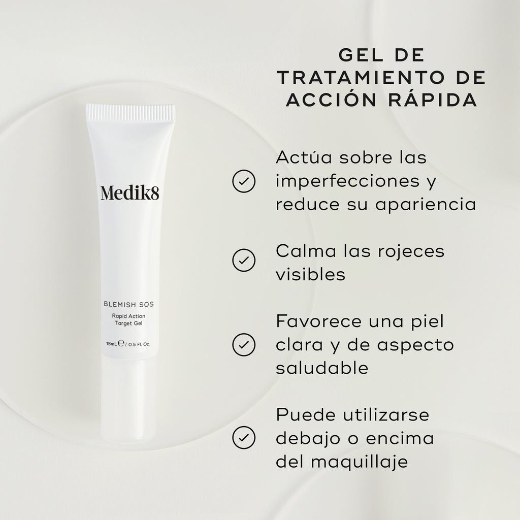 Se presenta un tubo blanco de Blemish SOS Rapid Action Target Gel. El texto lo destaca como un “GEL DE TRATAMIENTO DE ACCIÓN RÁPIDA”. Cuatro viñetas con marcas de verificación enumeran sus beneficios:

Actúa sobre las imperfecciones y reduce su apariencia
Calma el enrojecimiento visible
Favorece una piel clara y de aspecto saludable
Puede utilizarse debajo o encima del maquillaje