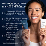 Una mujer sonriente sosteniendo los dos tubos de Medik8 H.E.O. Mask (Paso 1 azul y Paso 2 blanco). El texto destaca el producto como una **MASCARILLA NOCTURNA DE 2 PASOS CLÍNICAMENTE PROBADA** con beneficios que incluyen: 72 horas de hidratación y retención de humedad, 72 horas de apoyo a la barrera cutánea, reducción visible de líneas finas, descamación y aspecto arrugado, y una piel con aspecto más relleno, luminoso y flexible.
