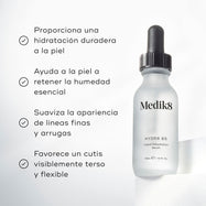 La botella del sérum Medik8 Hydr8 B5 se encuentra sobre un pedestal blanco frente a un fondo blanco brillante. El texto destaca que el producto:

Proporciona hidratación duradera a la piel
Ayuda a la piel a retener la humedad esencial
Suaviza la apariencia de líneas finas y arrugas
Favorece una tez visiblemente rellena y flexible