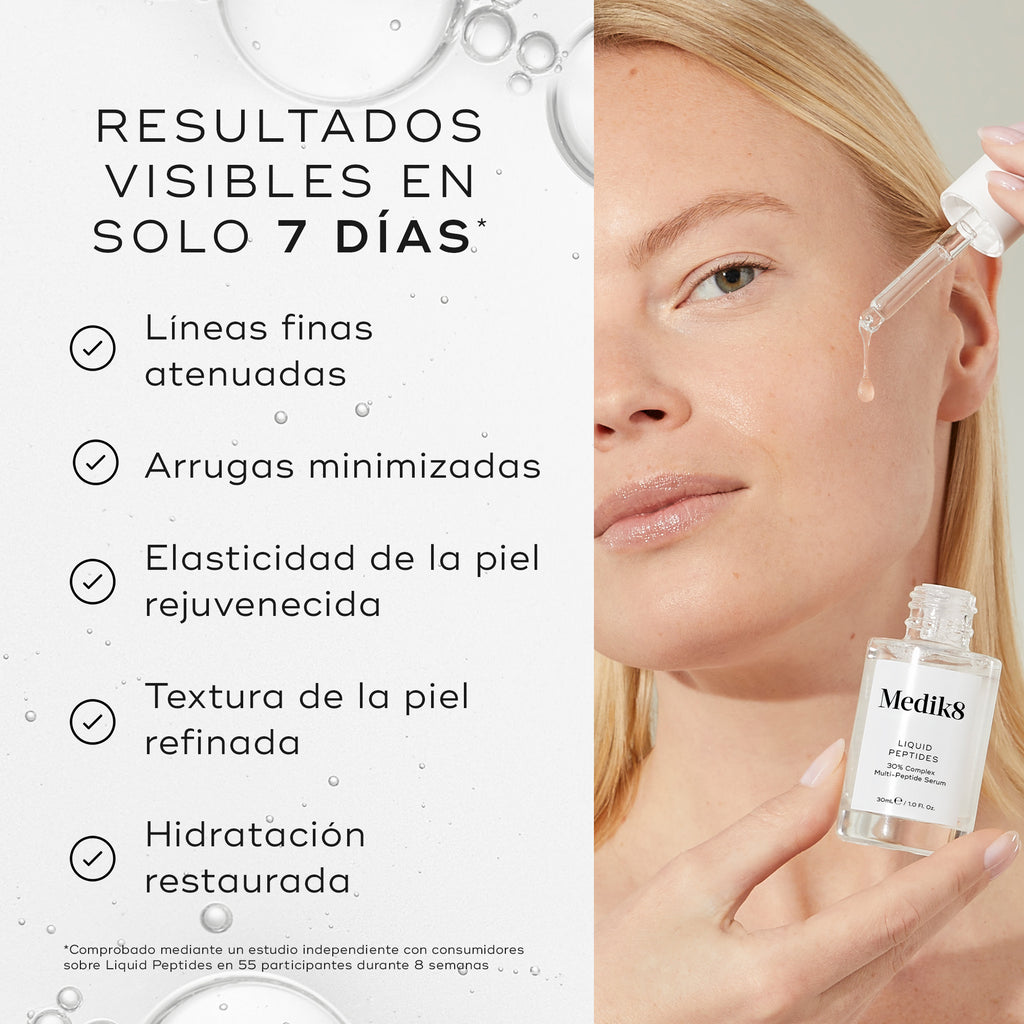 Una mujer está aplicando el sérum Liquid Peptides en el rostro con un cuentagotas. A la izquierda, el texto indica “RESULTADOS VISIBLES EN SOLO 7 DÍAS*” y enumera los beneficios:

Arrugas suavizadas
Piel con aspecto juvenil
Mejora de la firmeza de la piel
Mayor volumen y densidad en la piel
Hidratación restaurada

Una nota al pie indica que las afirmaciones han sido comprobadas mediante un estudio independiente de consumidores.