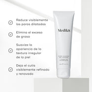 Junto al tubo de Pore Cleanse Gel Intense aparece una lista de beneficios. El texto afirma que ayuda a reducir visiblemente los poros dilatados, eliminar el exceso de grasa, suavizar la textura y dejar el cutis más refinado.