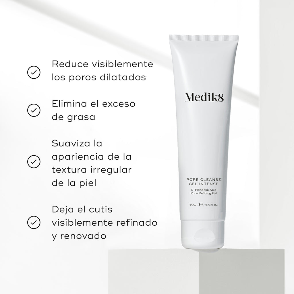 Junto al tubo de Pore Cleanse Gel Intense aparece una lista de beneficios. El texto afirma que ayuda a reducir visiblemente los poros dilatados, eliminar el exceso de grasa, suavizar la textura y dejar el cutis más refinado.