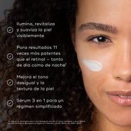 El rostro de una mujer aparece con una pequeña cantidad de crema blanca en la mejilla. Cuatro viñetas con marcas de verificación enumeran los beneficios: ilumina, revitaliza y suaviza visiblemente la piel; ofrece resultados 8 veces más potentes que el retinol* — tanto de día como de noche; mejora el tono y la textura desiguales de la piel; y es un sérum 3 en 1 para una rutina simplificada.