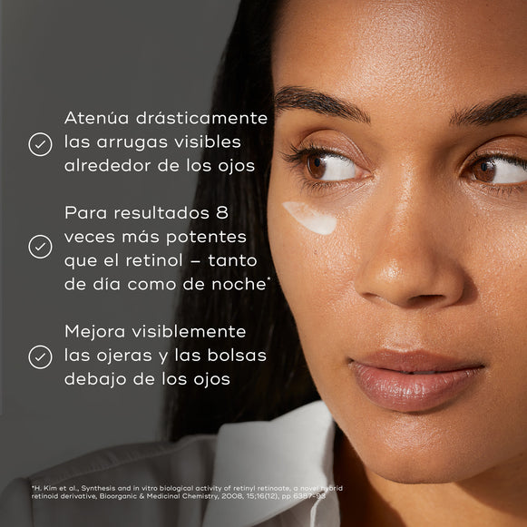 Se muestra el rostro de una mujer con una pequeña cantidad de sérum para ojos aplicada debajo de un ojo. Tres viñetas con marcas de verificación enumeran los beneficios: **«Atenúa drásticamente las arrugas visibles alrededor de los ojos»** y **«Para obtener resultados 8 veces más potentes que el retinol*»**.
-hover-39