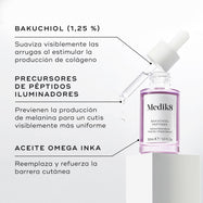 Se muestra un frasco cuentagotas de vidrio morado del sérum Bakuchiol Peptides. Los textos destacados detallan sus ingredientes clave: BAKUCHIOL (1,25 %), PRECURSORES DE PÉPTIDOS ILUMINADORES y ACEITE OMEGA DE INKA.