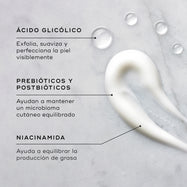 Una muestra de Balance Moisturiser se presenta sobre una superficie texturizada, acompañada de gotas de Glycolic Acid Activator. Los textos destacados resaltan los ingredientes clave:

Ácido glicólico: exfolia, suaviza y perfecciona visiblemente la piel.
Prebióticos y postbióticos: ayudan a mantener un microbioma cutáneo equilibrado.
Niacinamida: ayuda a equilibrar la producción de grasa.