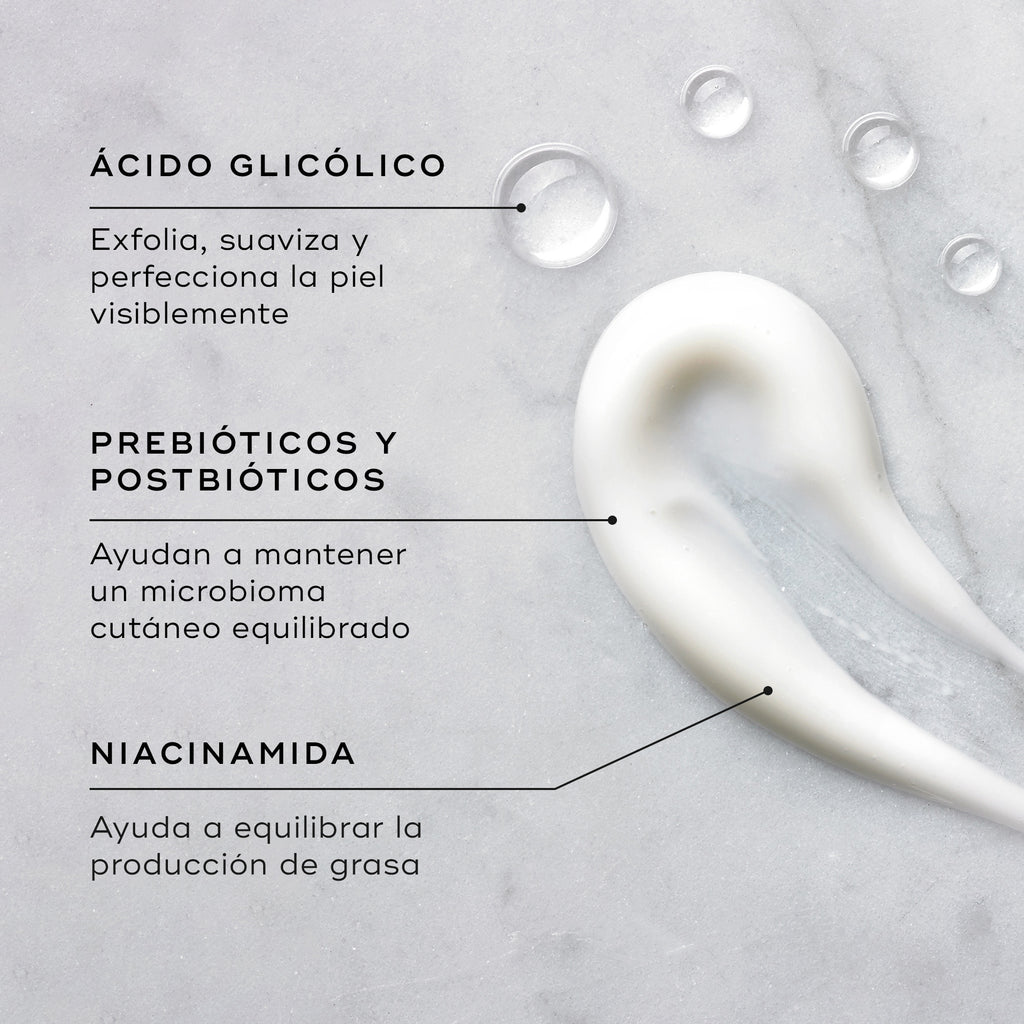 Una muestra de Balance Moisturiser se presenta sobre una superficie texturizada, acompañada de gotas de Glycolic Acid Activator. Los textos destacados resaltan los ingredientes clave:

Ácido glicólico: exfolia, suaviza y perfecciona visiblemente la piel.
Prebióticos y postbióticos: ayudan a mantener un microbioma cutáneo equilibrado.
Niacinamida: ayuda a equilibrar la producción de grasa.