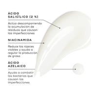 Una muestra de Blemish SOS se presenta sobre una superficie blanca, con una pequeña gota cerca. Los textos destacados resaltan los ingredientes clave:

Ácido salicílico (2 %): ayuda a descomponer la acumulación que provoca las imperfecciones.
Niacinamida: reduce el enrojecimiento visible y ayuda a regular la producción de grasa.
Ácido azelaico: ayuda a combatir las bacterias causantes de las imperfecciones.