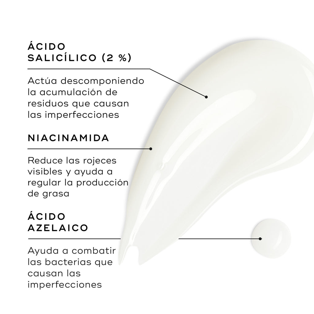 Una muestra de Blemish SOS se presenta sobre una superficie blanca, con una pequeña gota cerca. Los textos destacados resaltan los ingredientes clave:

Ácido salicílico (2 %): ayuda a descomponer la acumulación que provoca las imperfecciones.
Niacinamida: reduce el enrojecimiento visible y ayuda a regular la producción de grasa.
Ácido azelaico: ayuda a combatir las bacterias causantes de las imperfecciones.