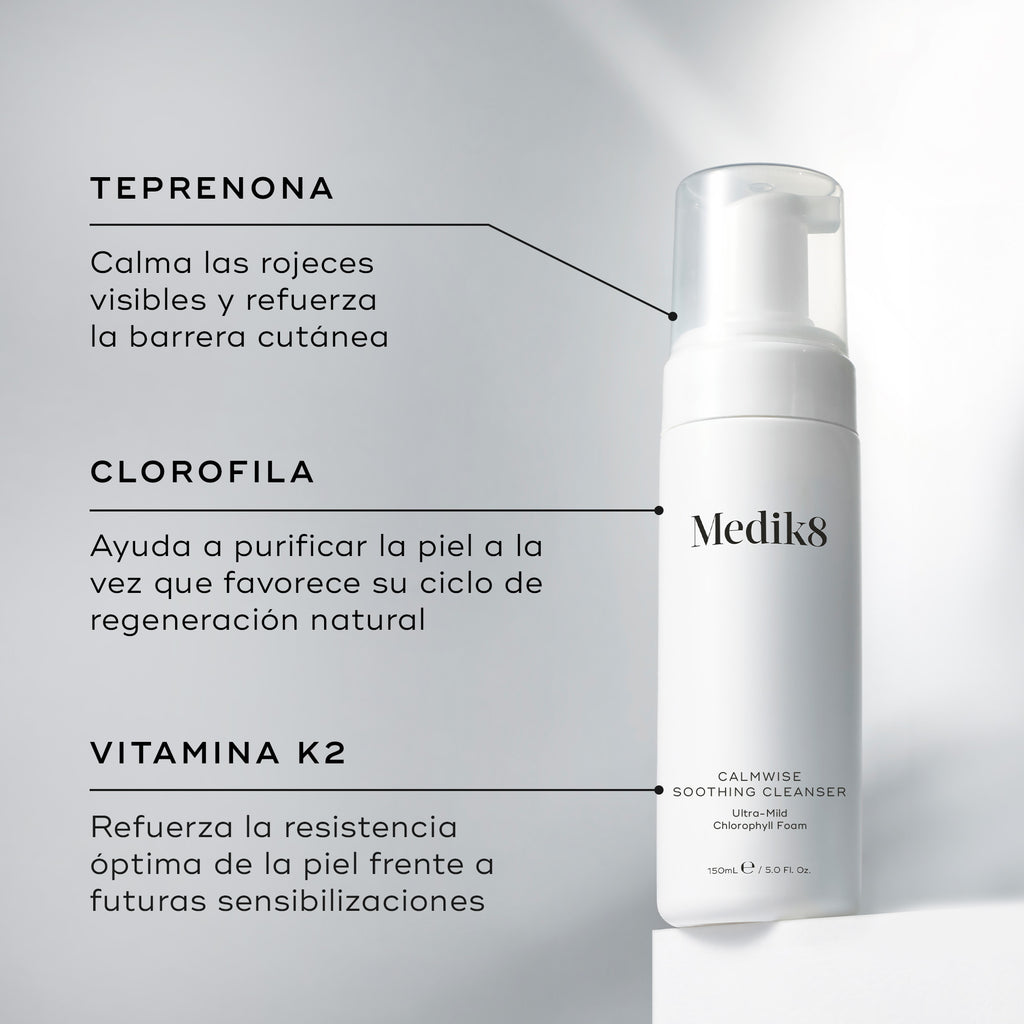 Una botella de Medik8 Calmwise Soothing Cleanser mostrada sobre un bloque blanco. Líneas conectan la botella con textos que explican los ingredientes clave: Teprenona para calmar el enrojecimiento, Clorofila para purificar la piel y Vitamina K2 para ayudar a fortalecer la piel.