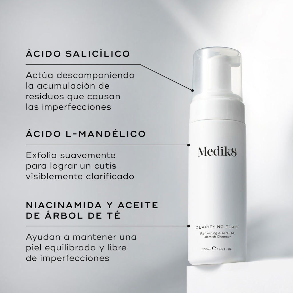 La botella con dispensador de Medik8 Clarifying Foam se encuentra sobre un bloque blanco frente a un fondo gris limpio. El texto destaca los ingredientes clave: Ácido Salicílico para descomponer la acumulación que causa imperfecciones, Ácido L-Mandélico para una exfoliación suave y una tez más clara, y Niacinamida y Aceite de Árbol de Té para ayudar a mantener la piel equilibrada y libre de imperfecciones.