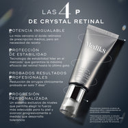 Infografía titulada «THE 4 Ps» sobre un fondo oscuro con un efecto luminoso, que muestra un tubo de Medik8 Crystal Retinal 6 rodeado por una línea discontinua. El texto presenta cuatro pilares clave: «Potencia inigualable» para una fuerza similar a la de tratamientos con receta, «Estabilidad patentada» para una máxima eficacia, «Resultados de nivel profesional» con reducción de arrugas clínicamente probada en 7 días y «Intensidades progresivas» para desarrollar la tolerancia de la piel.
