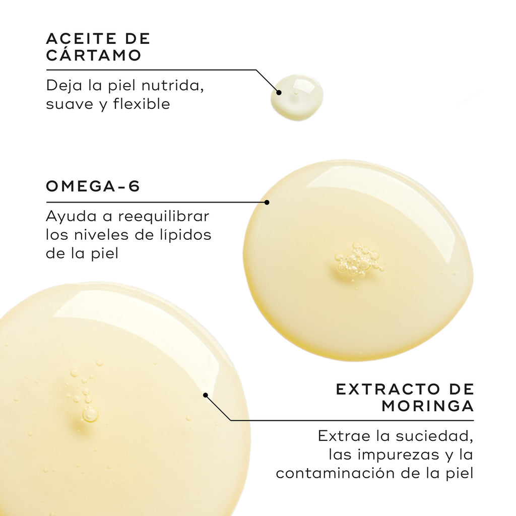 Tres gotas de aceite muestran los ingredientes clave. El texto destaca el aceite de cártamo por su nutrición, el omega-6 por el equilibrio lipídico y el extracto de moringa por ayudar a eliminar impurezas y contaminación.