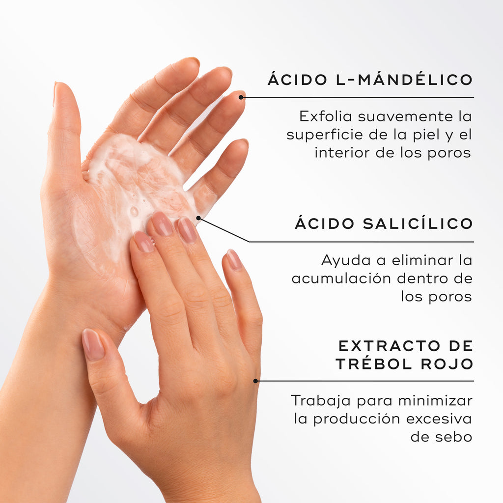 Dos manos hacen espuma con el limpiador junto a un texto que detalla los ingredientes clave del Pore Cleanse Gel Intense. Se destacan el ácido L-mandélico para exfoliar, el ácido salicílico para eliminar la acumulación y el extracto de trébol rojo para reducir el exceso de sebo.