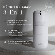 “Para el Reino Unido:

Un gran dispensador cilíndrico blanco de bomba airless de Medik8 r-Retinoate® Day & Night se muestra en posición vertical sobre un fondo gris claro minimalista con sombras sutiles. Superposiciones de texto a la izquierda destacan sus características clave como un «SÉRUM DE LUJO 3 EN 1»:

«RETINYL RETINOATE ENCAPSULADO 8 veces más potente que el retinol*»

«VITAMINA C ESTABILIZADA para una luminosidad visible y poder antioxidante»

«ÁCIDO HIALURÓNICO hidrata y aporta volumen visible»