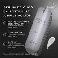 Se muestra una botella blanca con dispensador de r-Retinoate Day & Night Eye Serum con textos descriptivos que destacan los ingredientes clave: **RETINIL RETINOATO ENCAPSULADO**, **HESPERIDINA** y **CAFEÍNA**. Una nota al pie proporciona la referencia para la afirmación sobre el retinol.
