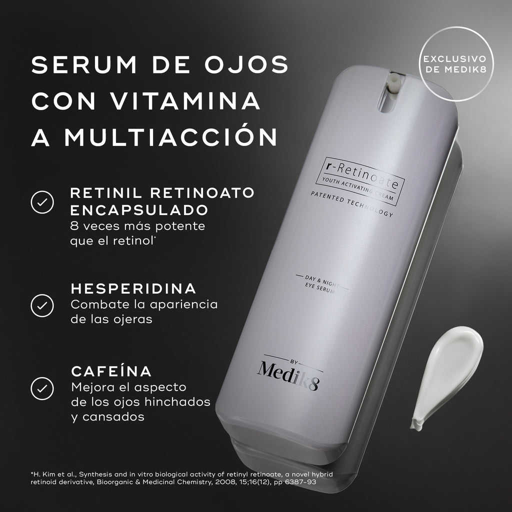 Se muestra una botella blanca con dispensador de r-Retinoate Day & Night Eye Serum con textos descriptivos que destacan los ingredientes clave: **RETINIL RETINOATO ENCAPSULADO**, **HESPERIDINA** y **CAFEÍNA**. Una nota al pie proporciona la referencia para la afirmación sobre el retinol.
