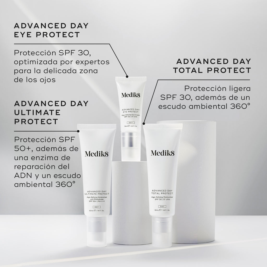 Los productos de protección diurna avanzada se muestran junto con sus descripciones. Advanced Day Eye Protect (SPF 30) se destaca para el contorno de ojos, Advanced Day Ultimate Protect (SPF 50+) incorpora reparación del ADN y protección ambiental, y Advanced Day Total Protect (SPF 30 ligero) ofrece protección ambiental de 360°.