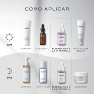 Un diagrama “CÓMO APLICAR LAS CAPAS”. La rutina de la mañana incluye Limpiar (Surface Radiance Cleanse), Vitamina C (C-Tetra Luxe), una alternativa a la Vitamina A (Bakuchiol Peptides) y Protector solar (Advanced Day Total Protect).

La rutina de noche incluye Limpiar (Lipid-Balance Cleansing Oil), Tonificar (Press & Glow), una alternativa a la Vitamina A (Bakuchiol Peptides) e Hidratar (Advanced Night Restore).