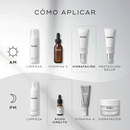 Un diagrama “CÓMO APLICAR LAS CAPAS” para una rutina de cuidado de la piel. La rutina de la mañana incluye Limpiar (Clarifying Foam), Vitamina C (C-Tetra), Hidratar (Balance Moisturiser) y Protector solar (Advanced Day Total Protect).

La rutina de noche incluye Limpiar (Clarifying Foam), Ácido directo (Glycolic Acid Activator), Vitamina A (Crystal Retinal) e Hidratar (Advanced Night Restore).