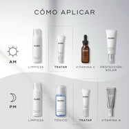 Un diagrama “CÓMO APLICAR LAS CAPAS” para rutinas de cuidado de la piel. La rutina de la mañana incluye Limpiar (Clarifying Foam), Tratar (Blemish SOS), Vitamina C (C-Tetra) y Protector solar (Advanced Day Total Protect).
La rutina de noche incluye Limpiar (Clarifying Foam), Tonificar (Press & Clear), Tratar (Blemish SOS) y Vitamina A (Crystal Retinal).
