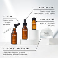 Una colección de cuatro productos de vitamina C de Medik8 se muestran sobre pedestales circulares blancos en un fondo limpio. La imagen incluye:

C-Tetra: sérum facial para piel sensible
C-Tetra Luxe: sérum facial para resultados más intensivos
C-Tetra Eye: para el contorno de ojos
C-Tetra Cream: crema facial hidratante para usuarios nuevos de vitamina C