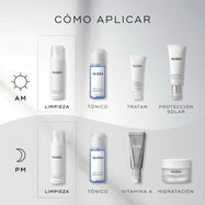 Guía “Cómo Aplicar en Capas” que muestra Medik8 Clarifying Foam como el primer paso tanto para las rutinas AM (mañana) como PM (noche).

La rutina AM continúa con Press & Clear (Tonificar), Clarity Peptides (Tratamiento específico) y Advanced Day Ultimate Protect (Protector solar).

La rutina PM continúa con Press & Clear (Tonificar), Crystal Retinal (Vitamina A) y Advanced Night Restore (Hidratar).