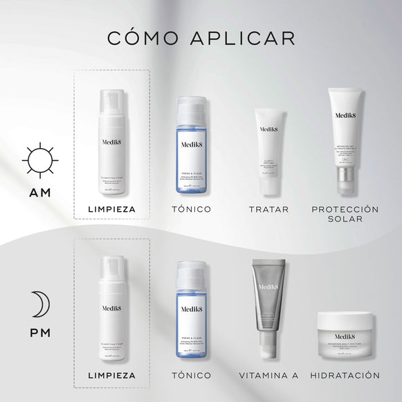 Guía “Cómo Aplicar en Capas” que muestra Medik8 Clarifying Foam como el primer paso tanto para las rutinas AM (mañana) como PM (noche).

La rutina AM continúa con Press & Clear (Tonificar), Clarity Peptides (Tratamiento específico) y Advanced Day Ultimate Protect (Protector solar).

La rutina PM continúa con Press & Clear (Tonificar), Crystal Retinal (Vitamina A) y Advanced Night Restore (Hidratar).-hover-33