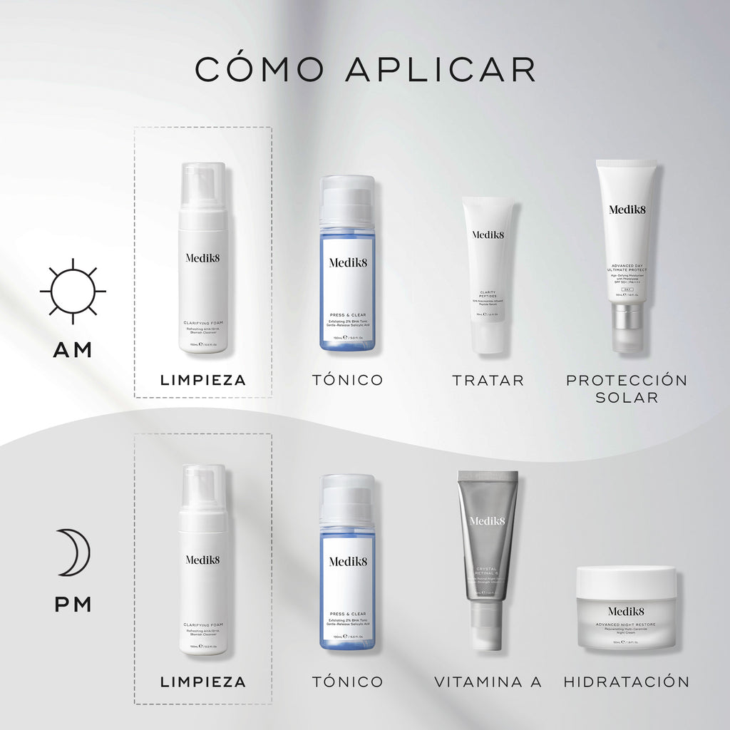 Guía “Cómo Aplicar en Capas” que muestra Medik8 Clarifying Foam como el primer paso tanto para las rutinas AM (mañana) como PM (noche).

La rutina AM continúa con Press & Clear (Tonificar), Clarity Peptides (Tratamiento específico) y Advanced Day Ultimate Protect (Protector solar).

La rutina PM continúa con Press & Clear (Tonificar), Crystal Retinal (Vitamina A) y Advanced Night Restore (Hidratar).