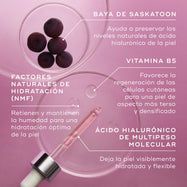 Primer plano de los ingredientes clave de Medik8 Hydr8 B5 Intense mostrados sobre un fondo púrpura con placas de Petri y un cuentagotas. El texto identifica la baya de Saskatoon, que ayuda a preservar los niveles naturales de ácido hialurónico; vitamina B5, que favorece la regeneración celular de la piel; Factores Naturales de Hidratación (NMFs), que ayudan a retener y fijar la humedad; y ácido hialurónico de múltiples pesos moleculares, que deja la piel visiblemente hidratada y flexible.
