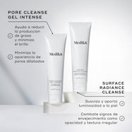 El tubo de Pore Cleanse Gel Intense aparece junto a un tubo de Surface Radiance Cleanse. El texto destaca que Pore Cleanse Gel Intense ayuda a reducir la producción de grasa y minimiza el brillo, además de reducir la apariencia de los poros dilatados.

Surface Radiance Cleanse está formulado para alisar la piel y aportar luminosidad, y también ayuda a combatir signos de la edad como la falta de luminosidad y la textura irregular.