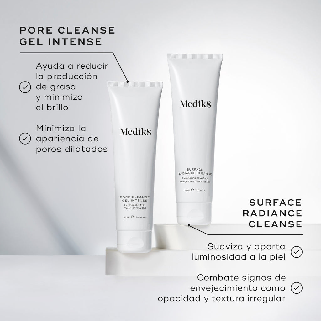 El tubo de Pore Cleanse Gel Intense aparece junto a un tubo de Surface Radiance Cleanse. El texto destaca que Pore Cleanse Gel Intense ayuda a reducir la producción de grasa y minimiza el brillo, además de reducir la apariencia de los poros dilatados.

Surface Radiance Cleanse está formulado para alisar la piel y aportar luminosidad, y también ayuda a combatir signos de la edad como la falta de luminosidad y la textura irregular.