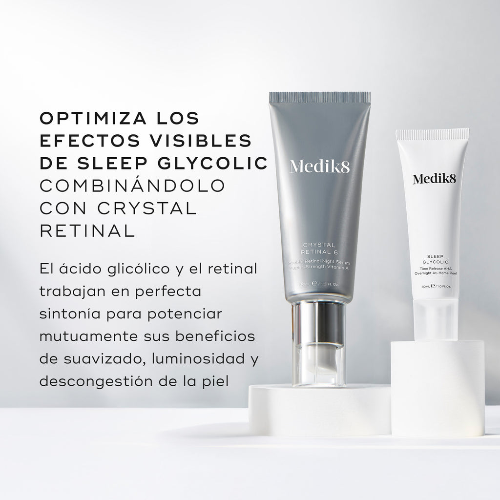 Los tubos de Medik8 Crystal Retinal 6 y Sleep Glycolic están colocados sobre pedestales circulares blancos sobre un fondo blanco limpio. El texto aconseja: «OPTIMIZA LOS EFECTOS VISIBLES DE SLEEP GLYCOLIC COMBINÁNDOLO CON CRYSTAL RETINAL», indicando que el ácido glicólico y el retinal «potencian mutuamente los beneficios de suavidad, luminosidad y descongestión».
