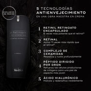 Botella de la crema Medik8 r-Retinoate Intense sobre un fondo oscuro con textura de plumas. El texto destaca 5 tecnologías antiedad: Retinyl Retinoate encapsulado, Retinal, Complejo de Ceramidas, Péptido dirigido tipo “drone” y Ácido Hialurónico.