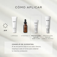 Cuatro productos de Medik8 están organizados para una rutina matutina de cuidado de la piel sobre un fondo gris claro. Los pasos incluyen Surface Radiance Cleanse, C-Tetra Luxe (Vitamina C), Advanced Day Eye Protect (protector solar para ojos) y Advanced Day Total Protect (protector solar para el rostro). El consejo experto recomienda volver a aplicar cada 2 horas si se está bajo la luz solar directa.