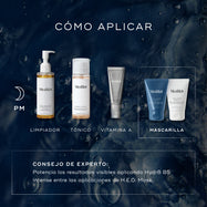 Diagrama «CÓMO APLICAR EN CAPAS» que ilustra una rutina de cuidado de la piel PM. Incluye Limpieza (Medik8 Lipid-Balance Cleansing Oil), Tónico (Medik8 Press & Glow), Vitamina A (Medik8 Crystal Retinal) y Mascarilla (Medik8 H.E.O. Mask Paso 1 y Paso 2). El consejo experto sugiere aplicar Hydr8 B5 Intense entre las aplicaciones de H.E.O. Mask para potenciar los resultados visibles.
