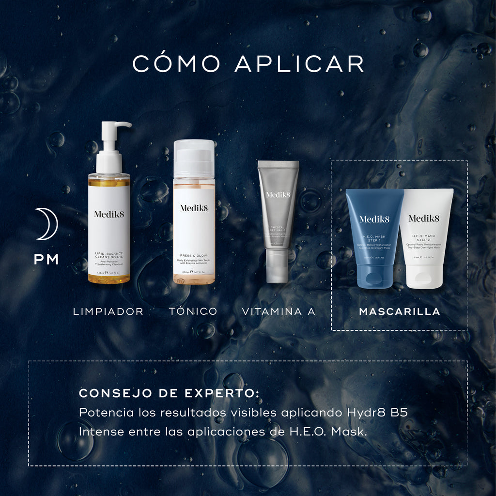 Diagrama «CÓMO APLICAR EN CAPAS» que ilustra una rutina de cuidado de la piel PM. Incluye Limpieza (Medik8 Lipid-Balance Cleansing Oil), Tónico (Medik8 Press & Glow), Vitamina A (Medik8 Crystal Retinal) y Mascarilla (Medik8 H.E.O. Mask Paso 1 y Paso 2). El consejo experto sugiere aplicar Hydr8 B5 Intense entre las aplicaciones de H.E.O. Mask para potenciar los resultados visibles.
