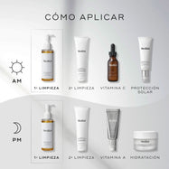Un “How to Layer” diagrama muestra rutinas AM y PM de cuidado de la piel.

En la rutina de la mañana, el paso de limpieza empieza con el primer limpiador: Lipid-Balance Cleansing Oil como 1º Cleanse, seguido de un segundo limpiador, después sérums y finalmente hidratante y protector solar.

La secuencia AM se estructura así:

Cleanse: Lipid-Balance Cleansing Oil (1º Cleanse)
Cleanse 2: segundo limpiador
Serums / tratamiento
Hidratación
SPF

La rutina de noche sigue una estructura similar de capas, repitiend